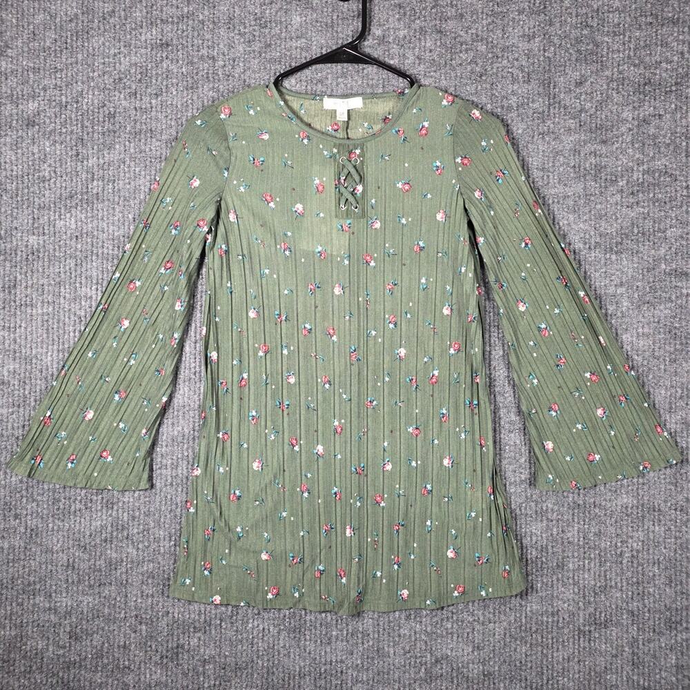 Love Fire Floral Rib Knit Lace Up Top Green Bell Sleeve Boho Womens M NWT